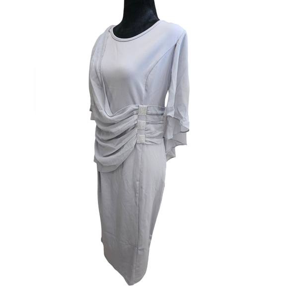 NWT Chiffon Cape Pencil Dress Grey with Rhinestone Detail Small - Picture 3 of 7